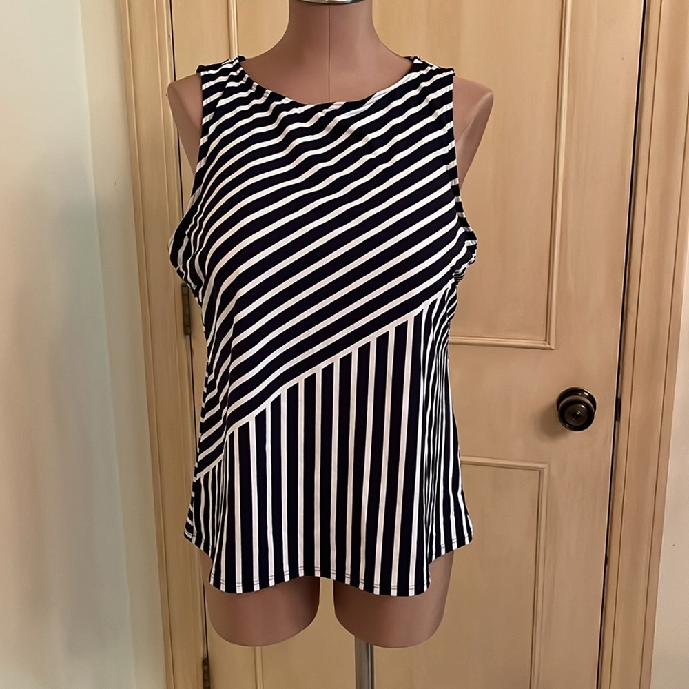 LAND'S END Navy/WHT Stripe High Neck Modest/Full Coverage Tankini Swim Top 16DD - Picture 3 of 15